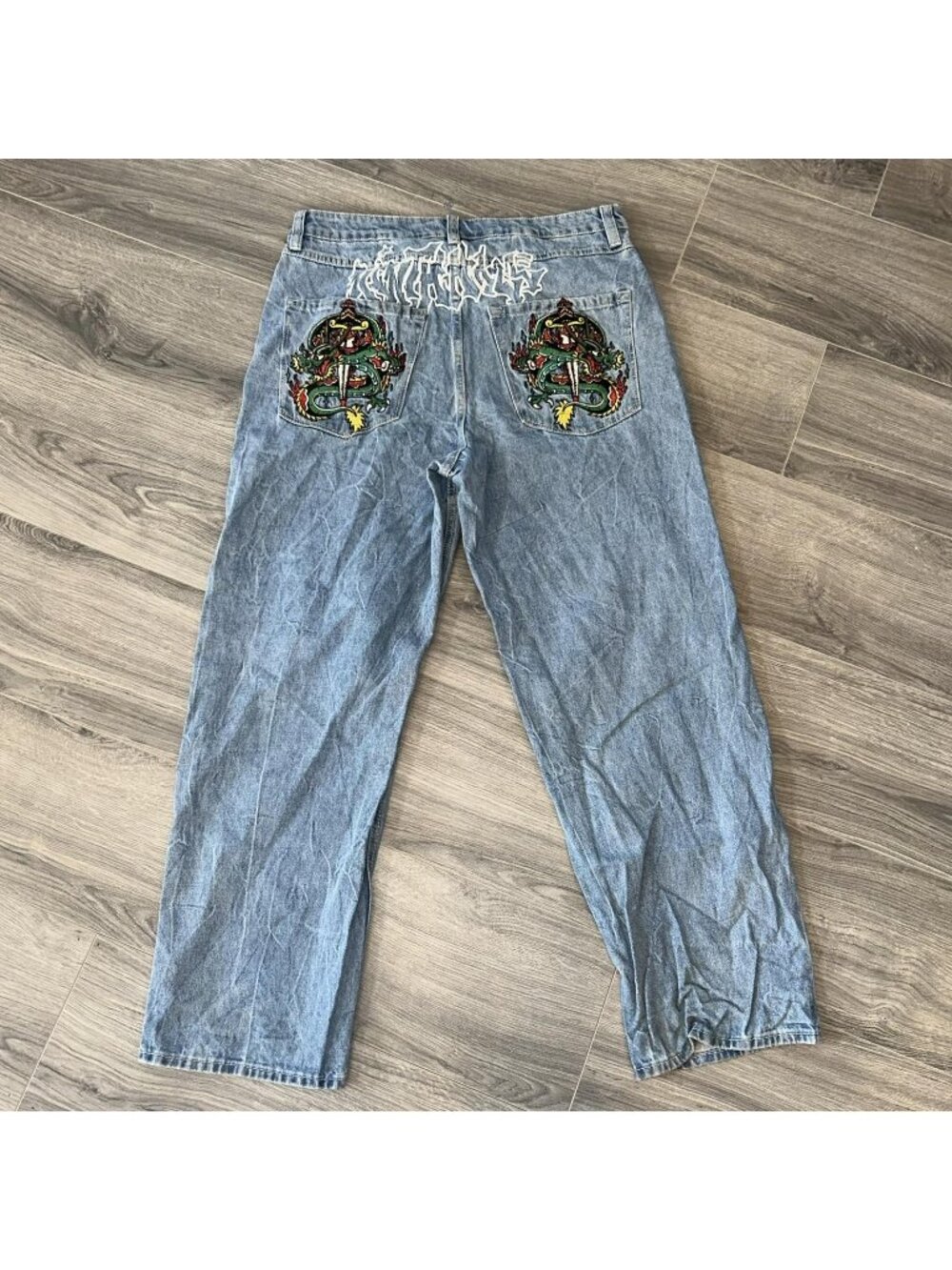 AMBUSH Jeans Mens 34x29 Blue Y2K Relaxed Baggy Tattoo Dragon Embroidered Denim